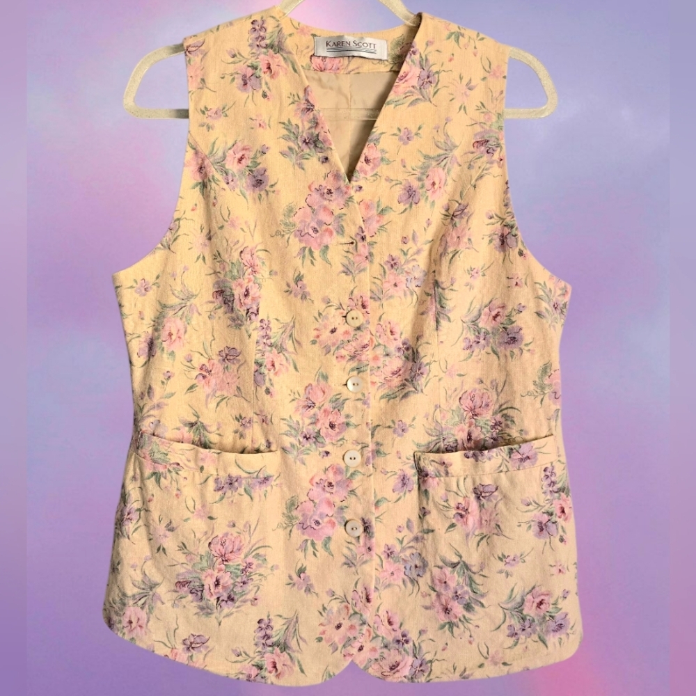 💐Vintage Peach Floral Vest with Pockets 💐